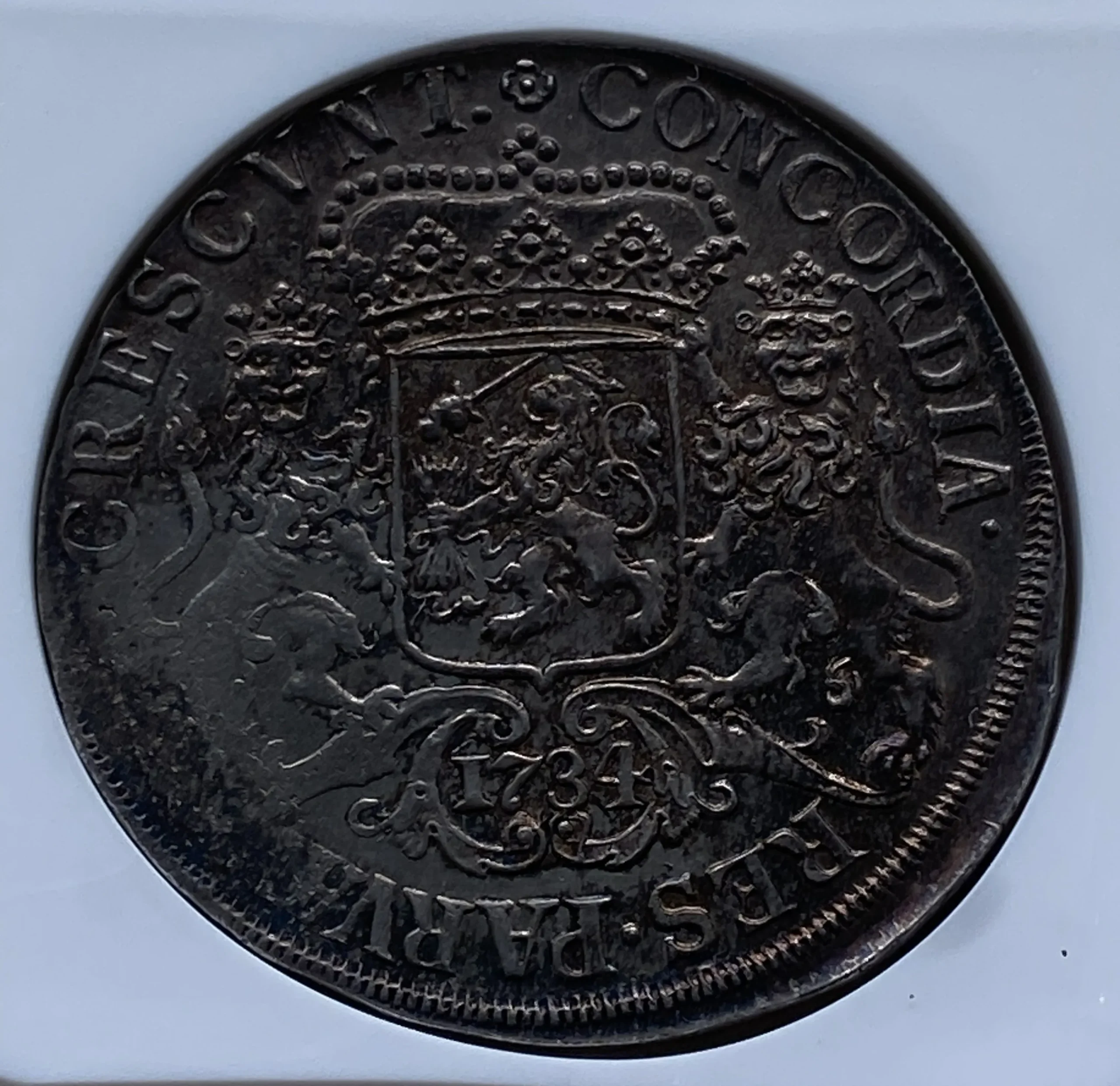1734年 オランダ オーファーアイセル 1デュカトン銀貨 通称「シルバーライダー」MS61 NGC! - 画像 (6)