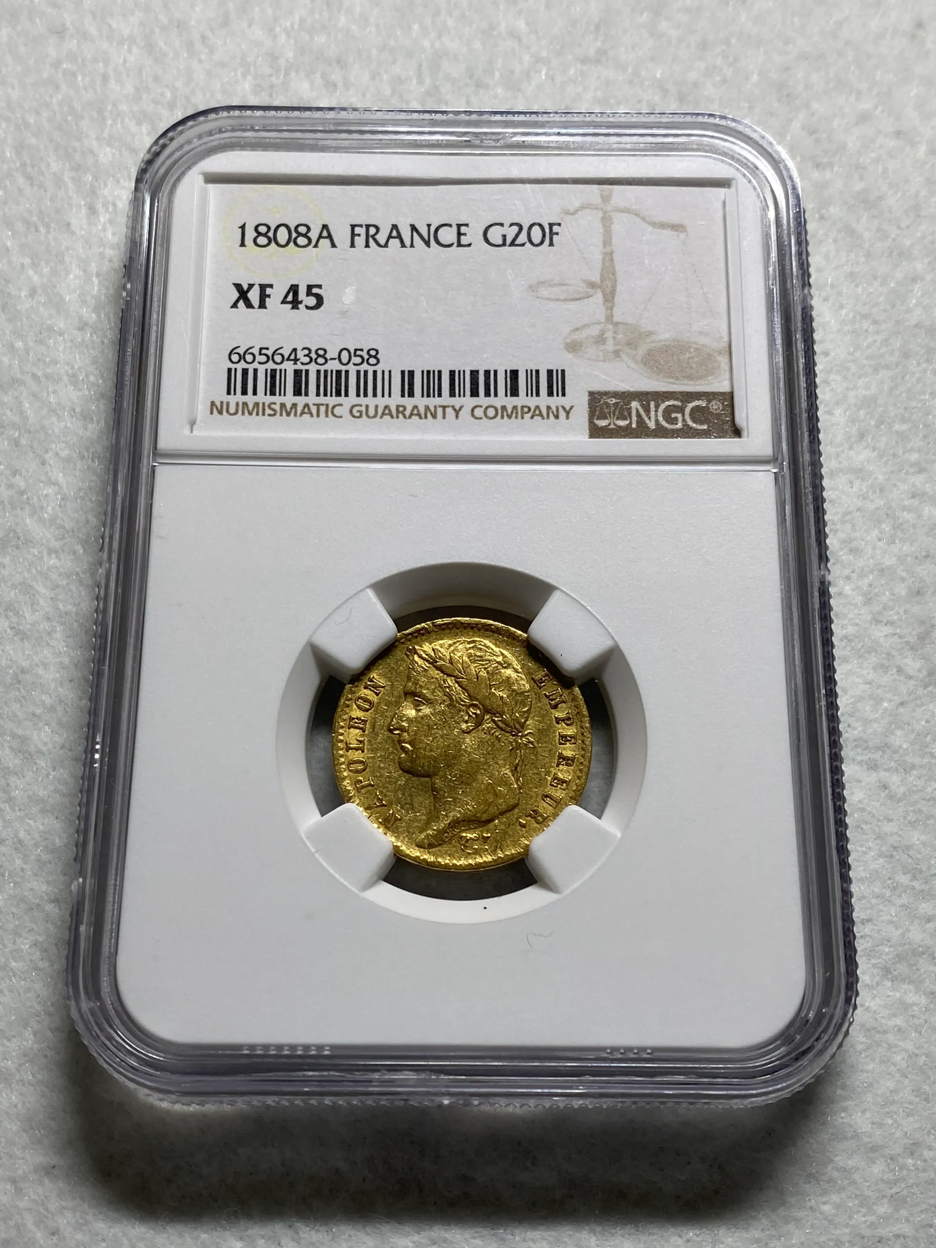 1808年 フランス 20フラン金貨(6.45g 90%) 英雄ナポレオンⅠ世 月桂冠 XF45 NGC 数字付鑑定品! - 画像 (4)