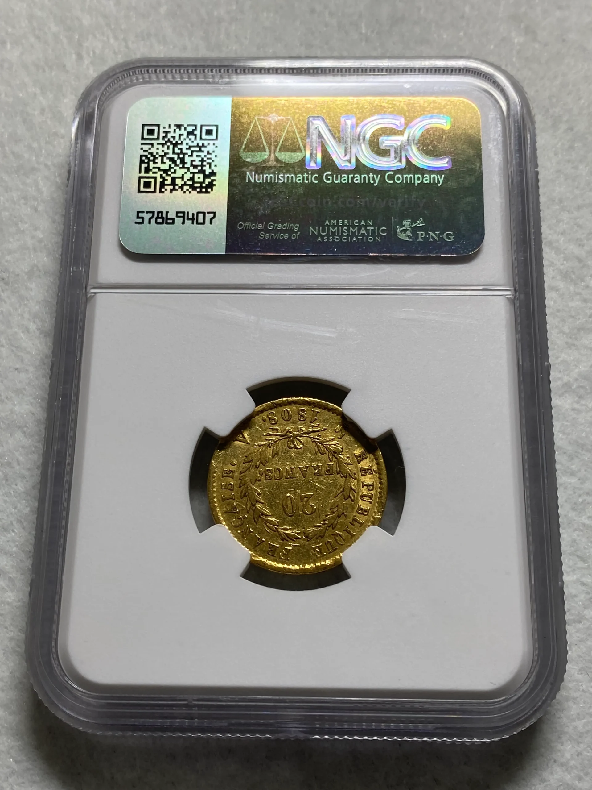 1808年 フランス 20フラン金貨(6.45g 90%) 英雄ナポレオンⅠ世 月桂冠 XF45 NGC 数字付鑑定品! - 画像 (3)