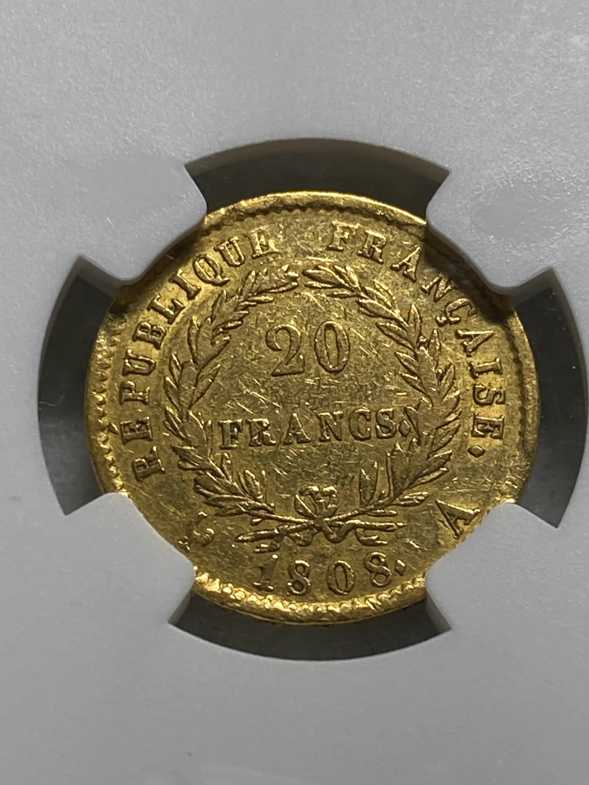 1808年 フランス 20フラン金貨(6.45g 90%) 英雄ナポレオンⅠ世 月桂冠 XF45 NGC 数字付鑑定品! - 画像 (2)