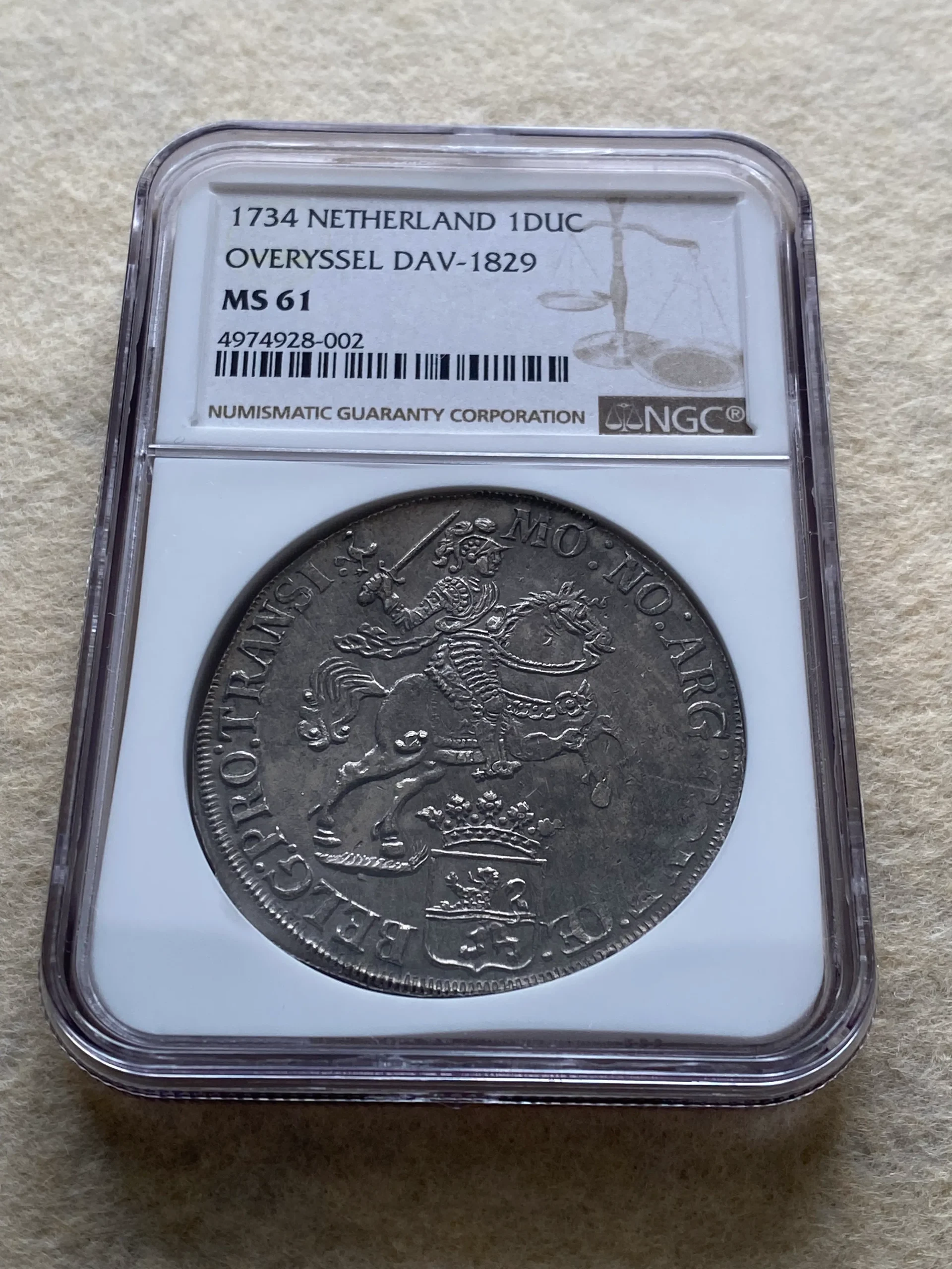 1734年 オランダ オーファーアイセル 1デュカトン銀貨 通称「シルバーライダー」MS61 NGC! - 画像 (2)