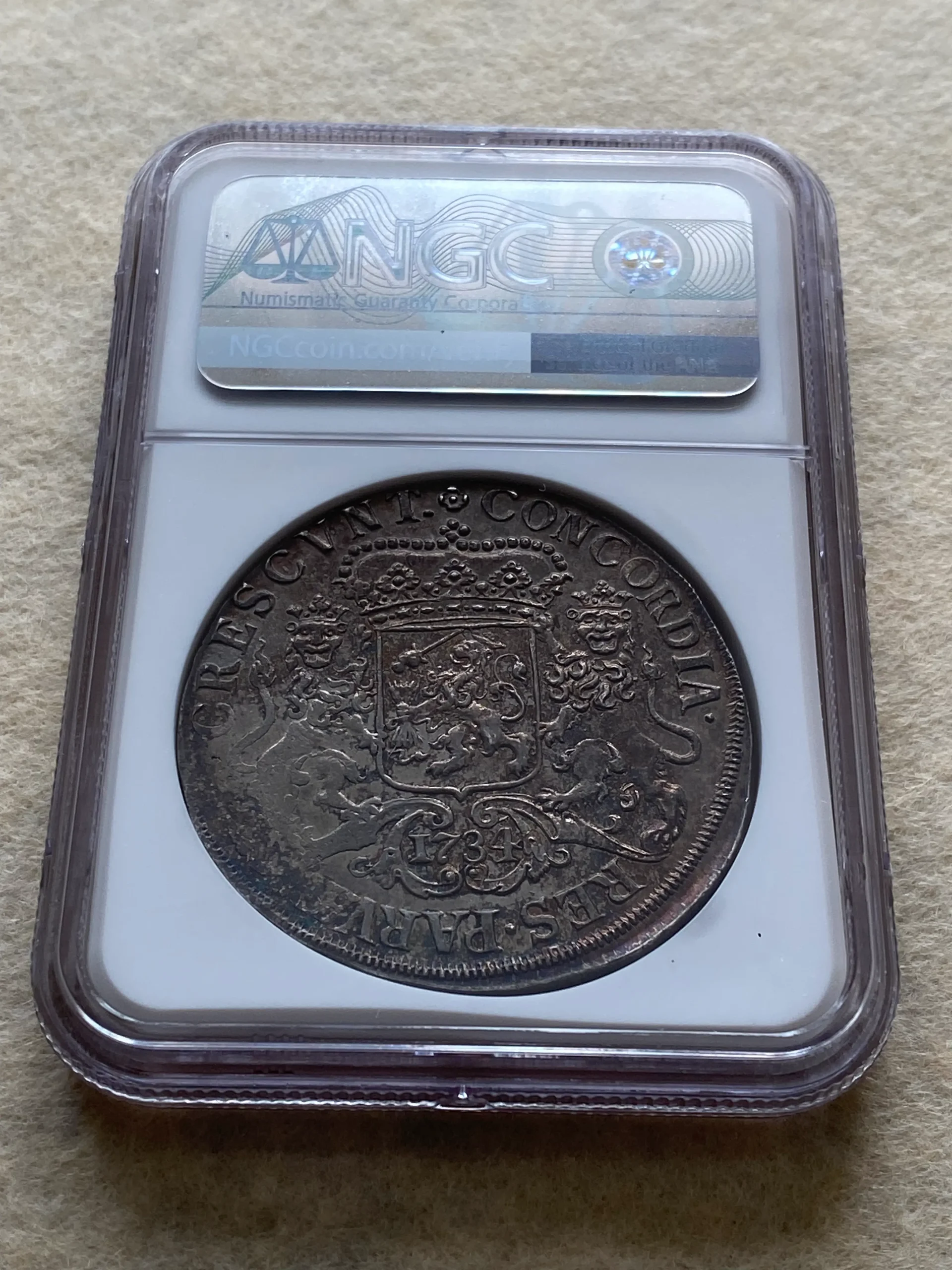 1734年 オランダ オーファーアイセル 1デュカトン銀貨 通称「シルバーライダー」MS61 NGC! - 画像 (5)