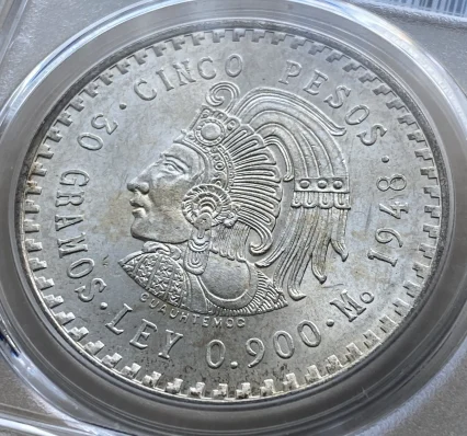 1948年 メキシコ 5ペソ銀貨 アステカ クアウテモック王 MS65 高鑑定品 PCGS!