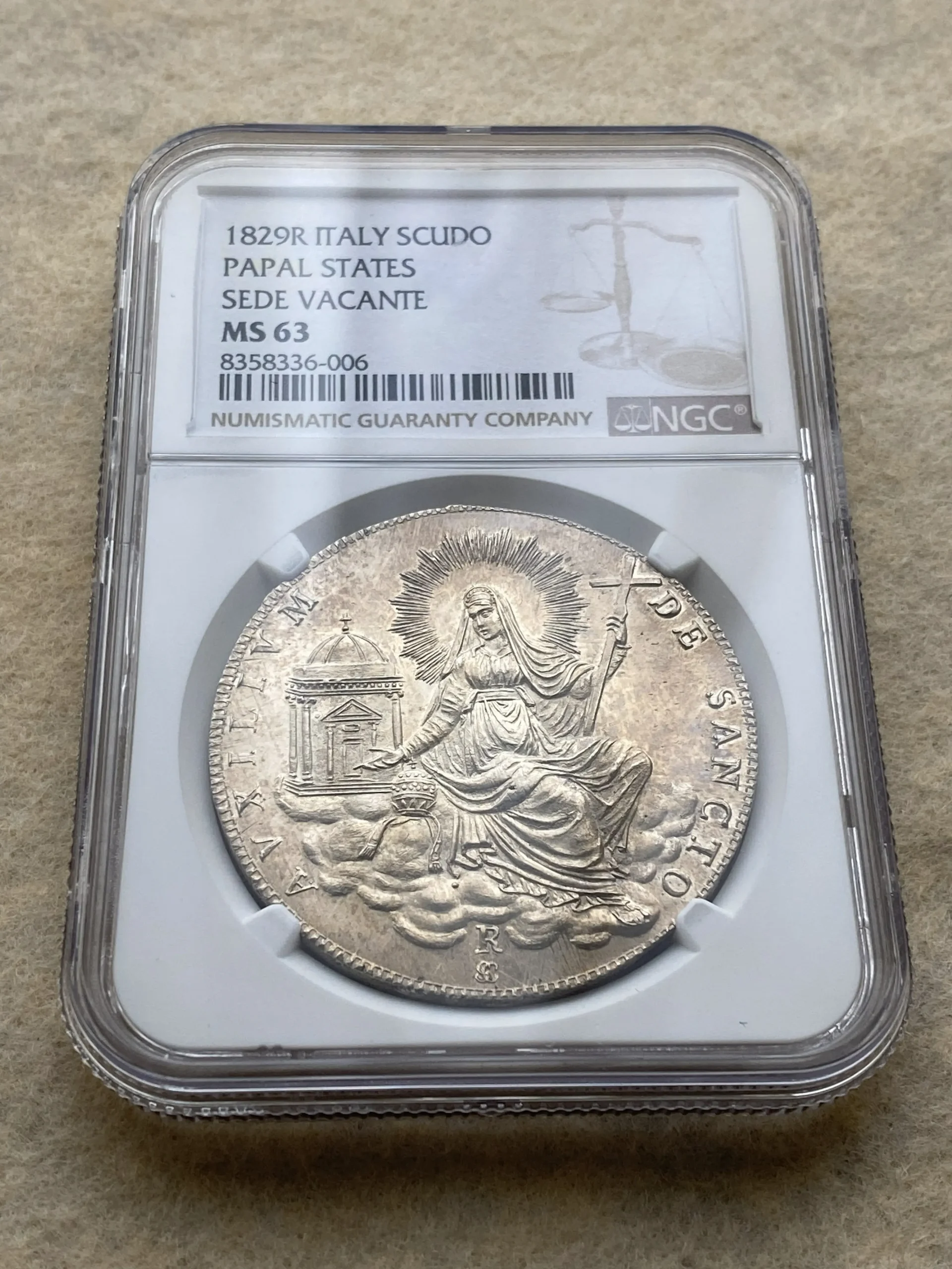 1829(R)年 イタリア Papal States(教皇領) スクード銀貨 SEDE VACANTE(使徒座空位) MS63 NGC! - 画像 (2)