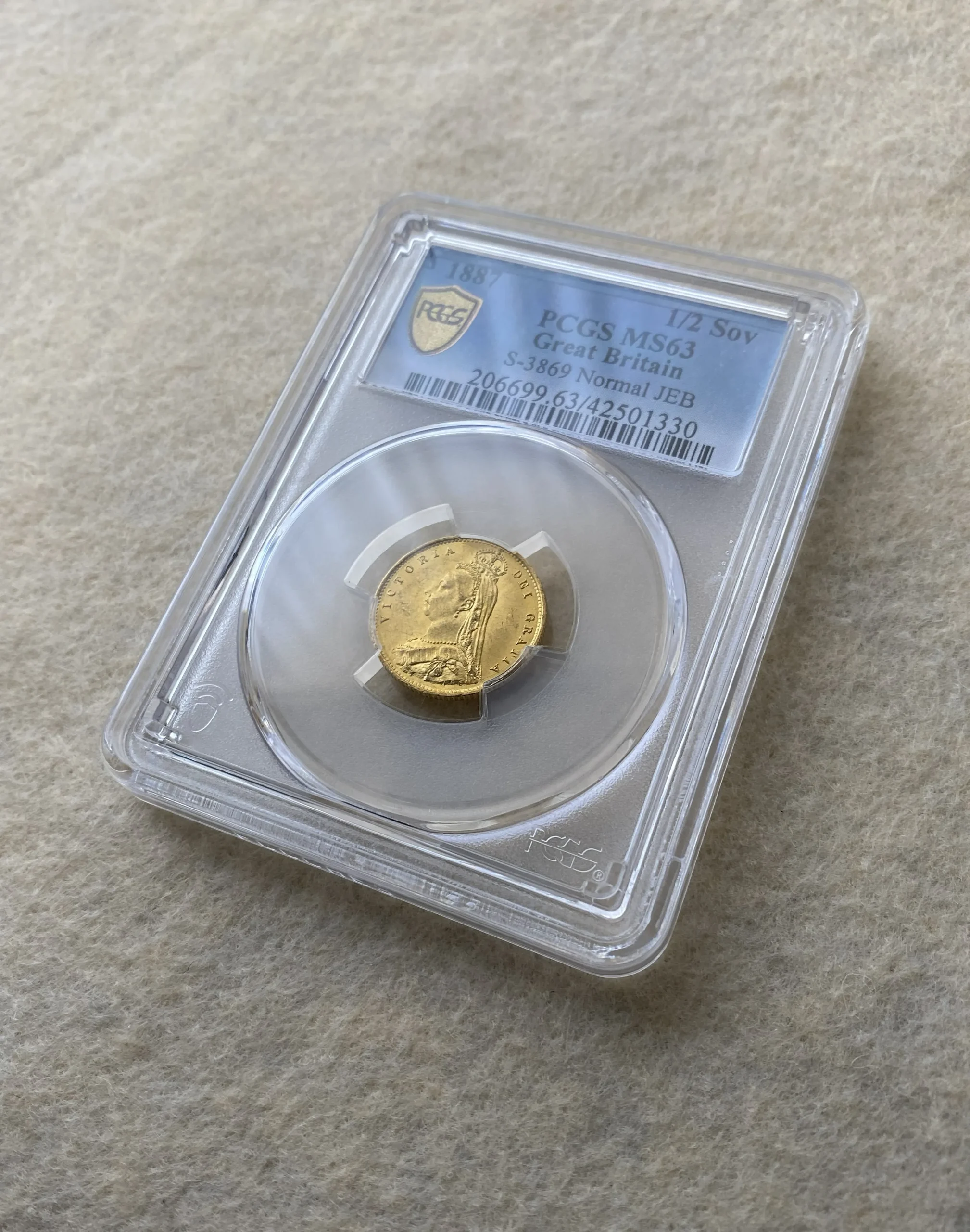 1887年 イギリス 1/2ソブリン金貨(金重量3.994g 91.7%)ビクトリア ジュビリーヘッド MS63 PCGS 高鑑定品! - 画像 (2)