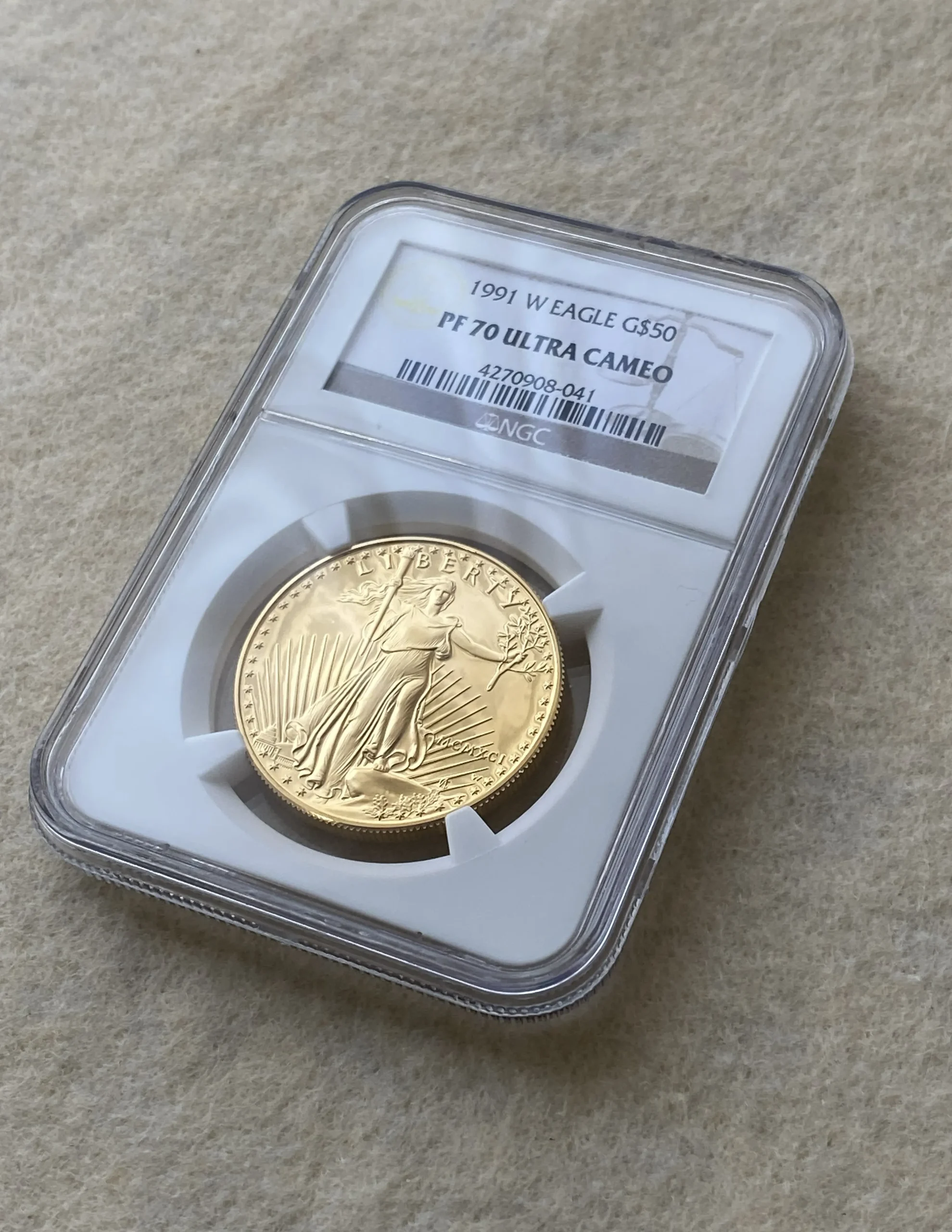 【地金価格∔10%以下】1991年 アメリカ 50ドルプルーフ金貨(純金換算31.1g) PF70UC NGC 堂々最高鑑定品! - 画像 (2)