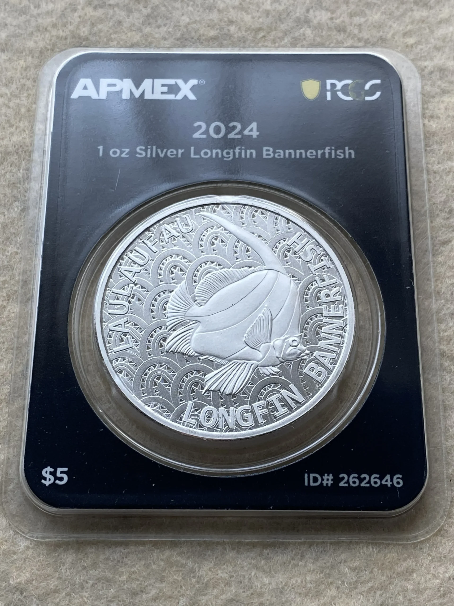 2024年 トケラウ諸島 5ドル銀貨(純銀31.1g)ロングフィン・バナーフィッシュ 保護プラスチック封入/PCGS FirstStrike認定品! - 画像 (2)