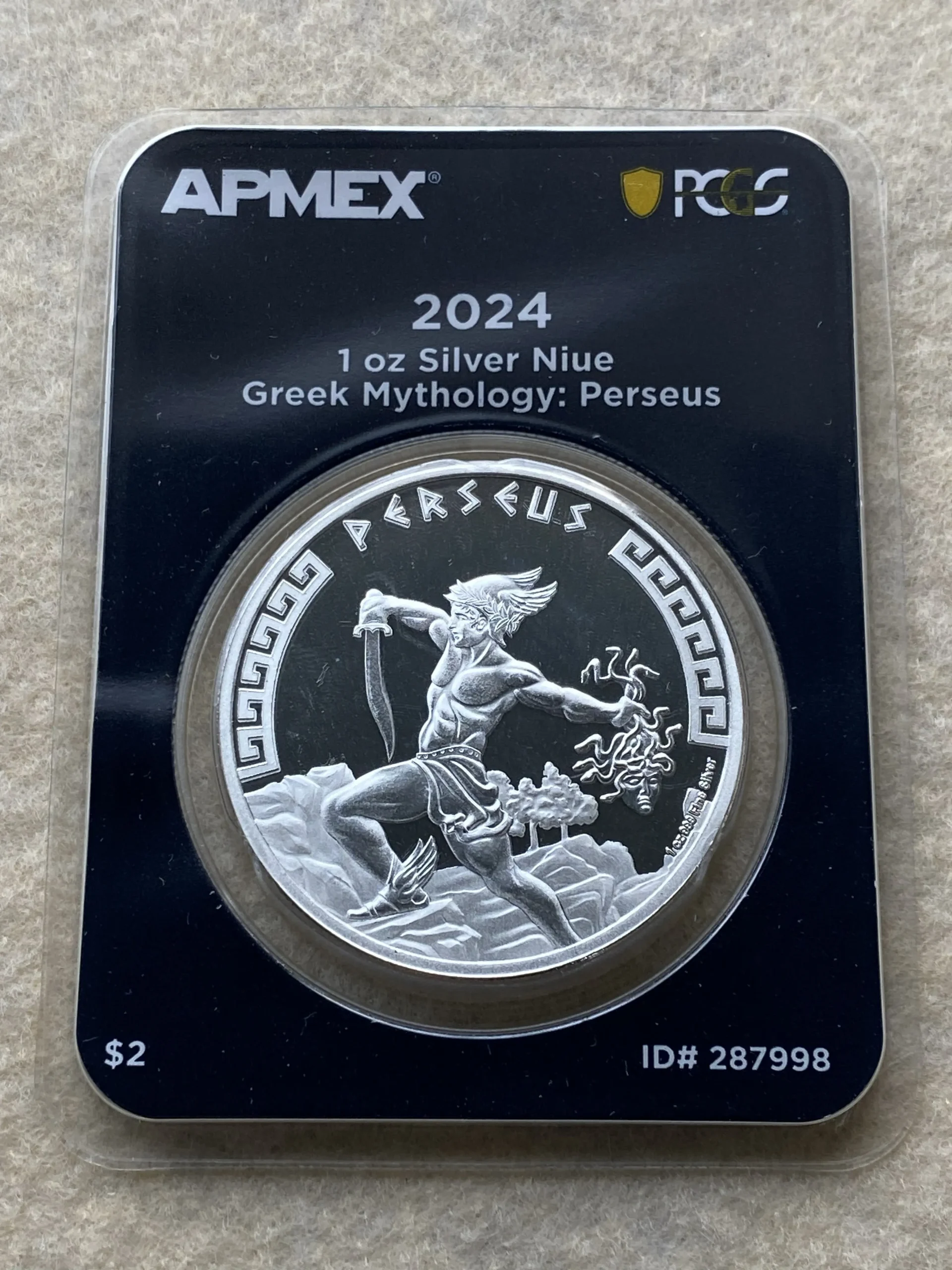 2024年 ニウエ 2ドル銀貨(純銀31.1g)ペルセウス 保護プラスチック封入/PCGS FirstStrike認定品! - 画像 (2)