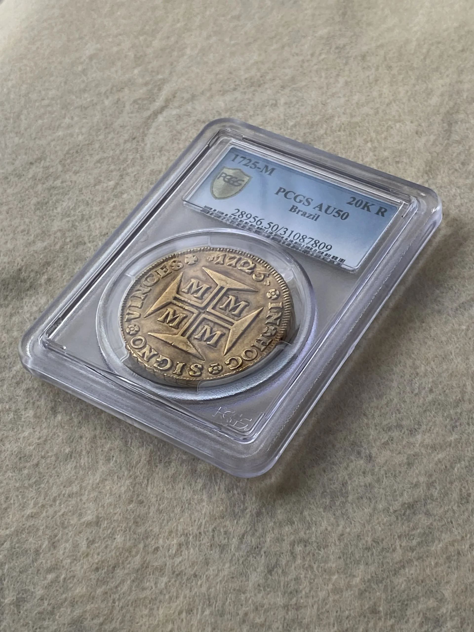 1725年 ブラジル 20000レイス金貨(金重量53.78g 91.7% 1.5855オンス) AU50 PCGS 鑑定品! - 画像 (2)