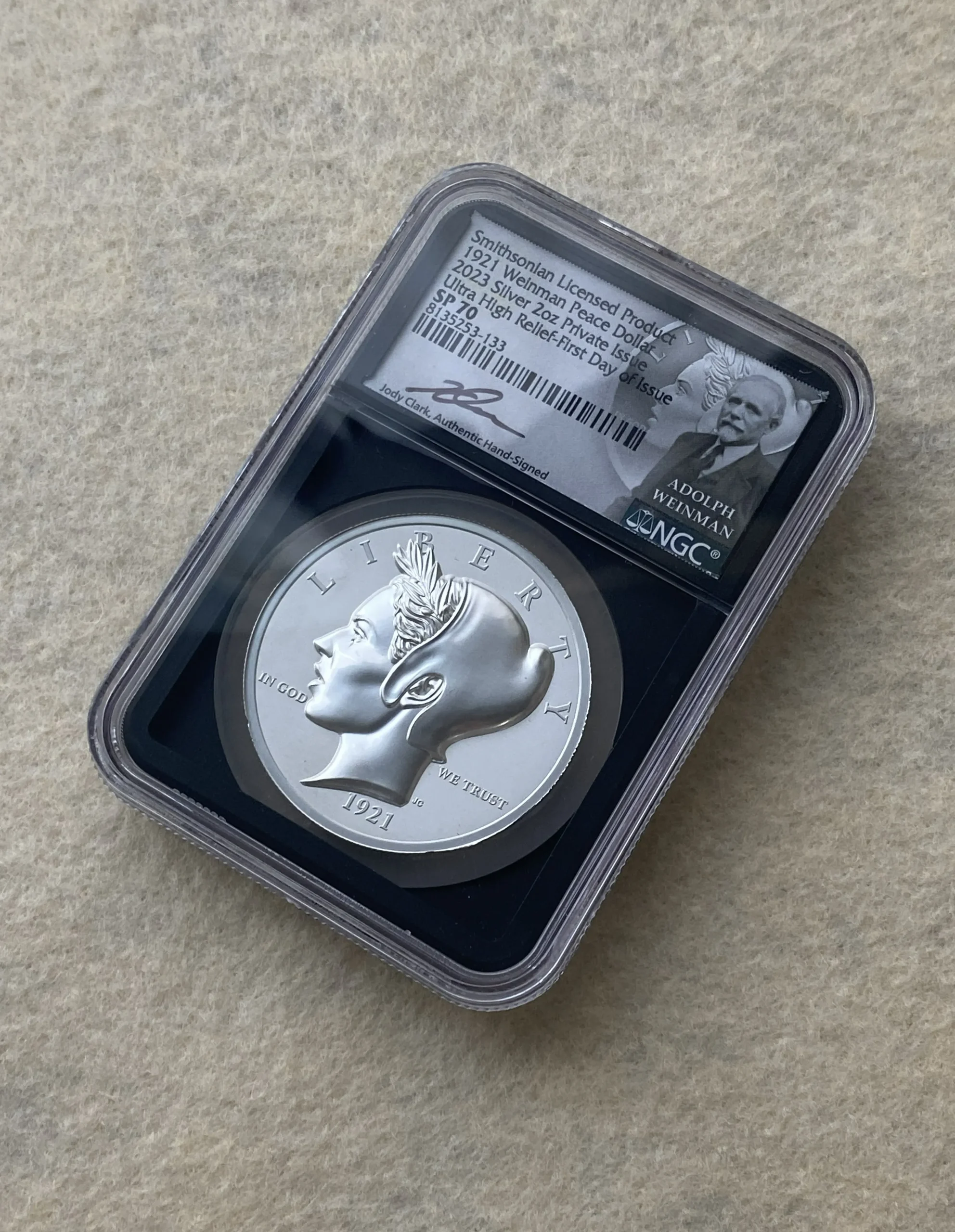 2023年 アメリカ 純銀2オンス銀メダル(ピースダラー) ウルトラハイレリーフ SP70かつFDI サインラベル NGC 堂々最高鑑定品! - 画像 (2)