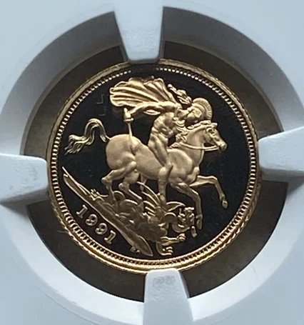1991年 イギリス 1/2ソブリンプルーフ金貨 プルーフ エリザベス2世(マクラウフ第3肖像) セント・ジョージ竜退治 PF69 ULTRA CAMEO NGC 準最高鑑定品!
