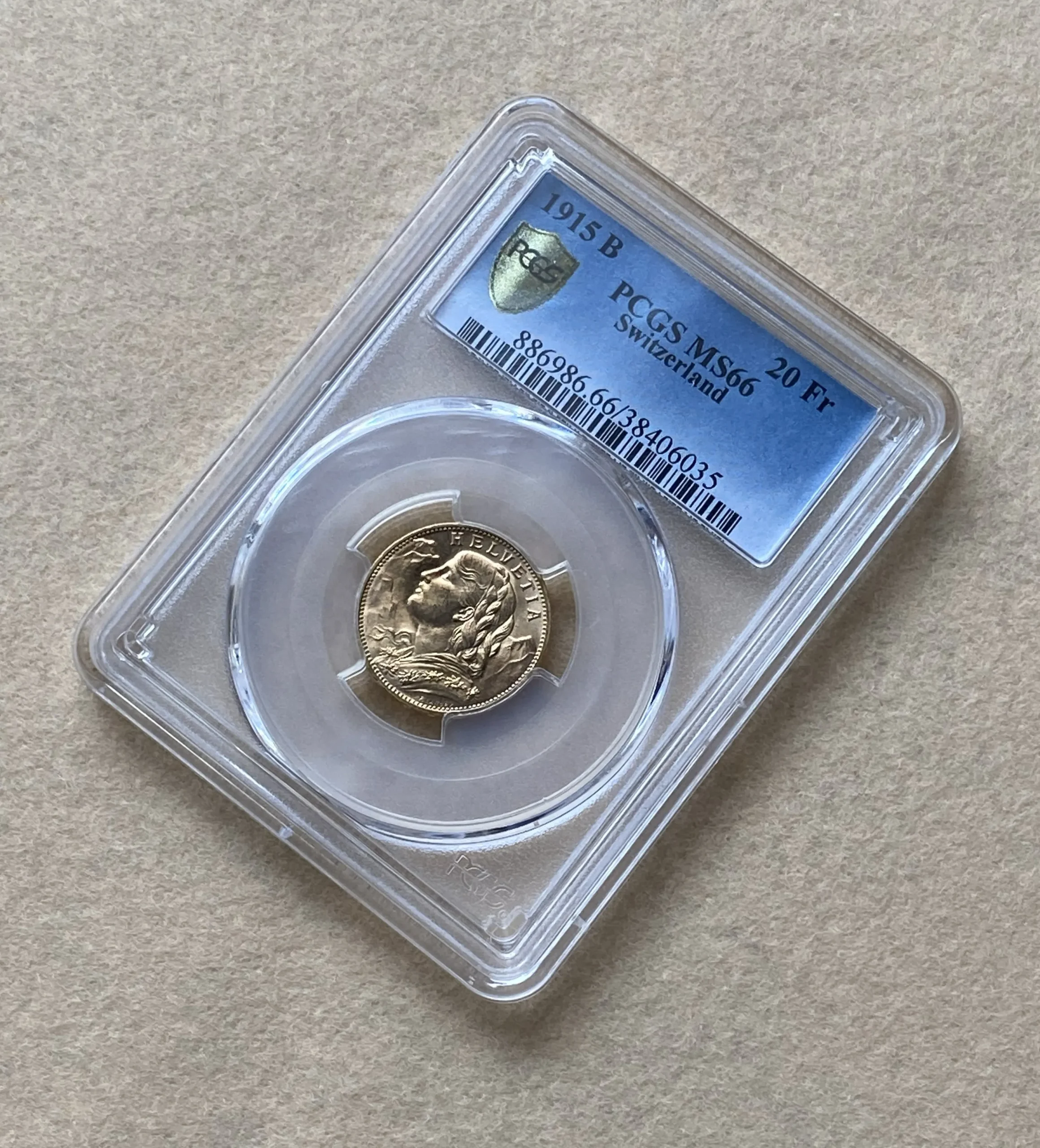 1915年 スイス 20フラン金貨 ヴレネリ ベルン造幣局 PCGS MS66 大戦期発行 未使用鑑定品! - 画像 (2)