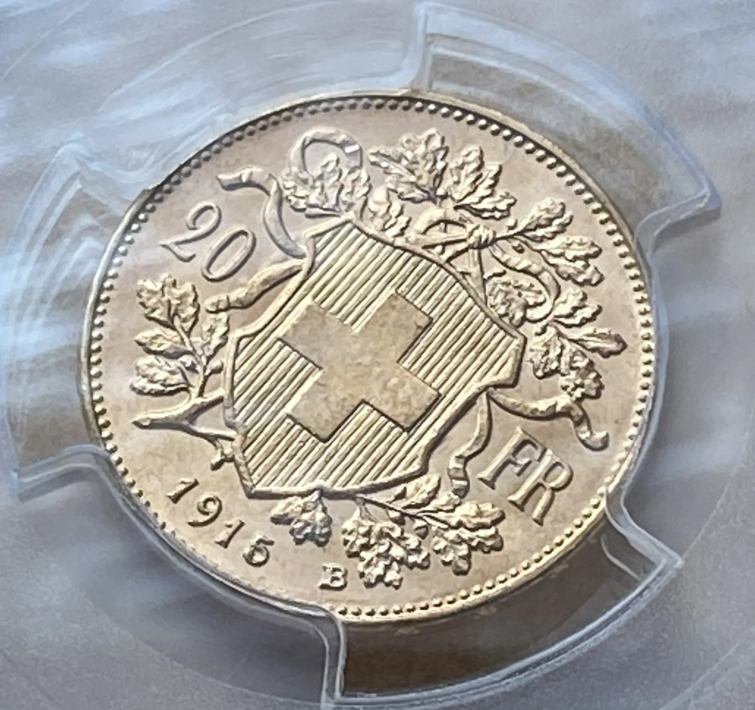 1915年 スイス 20フラン金貨 ヴレネリ ベルン造幣局 PCGS MS66 大戦期発行 未使用鑑定品! - 画像 (6)