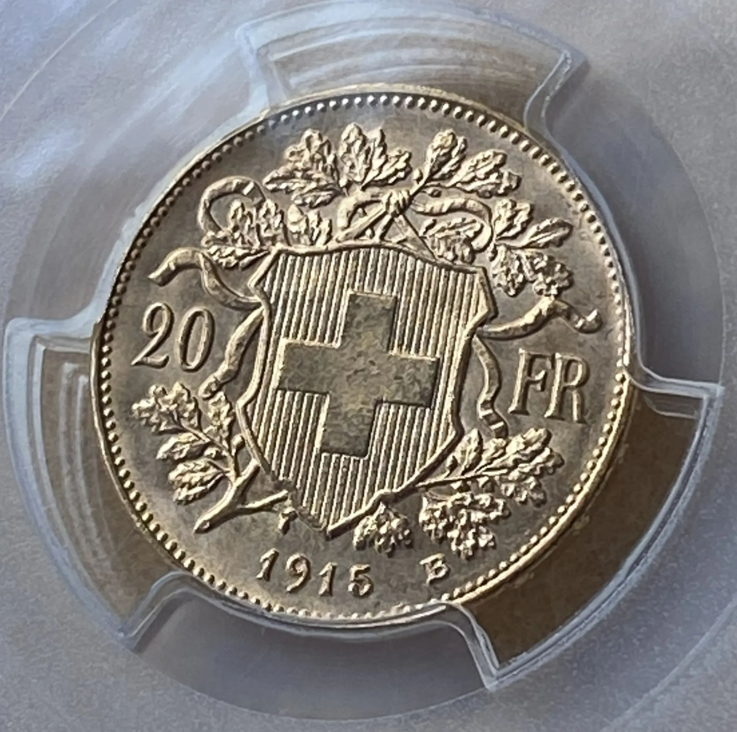 1915年 スイス 20フラン金貨 ヴレネリ ベルン造幣局 PCGS MS66 大戦期発行 未使用鑑定品! - 画像 (8)