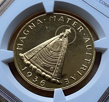 1936年 オーストリア 100シリング金貨 マリアツェルの聖母 NGC PL64 稀少歴史金貨!