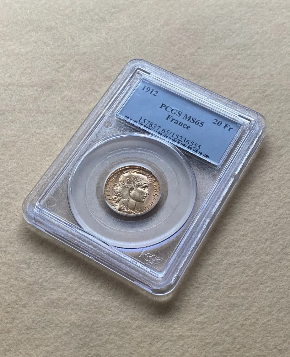 1912年 フランス 20フラン金貨 マリアンヌ&コック PCGS MS65 高鑑定 未使用! - 画像 (2)
