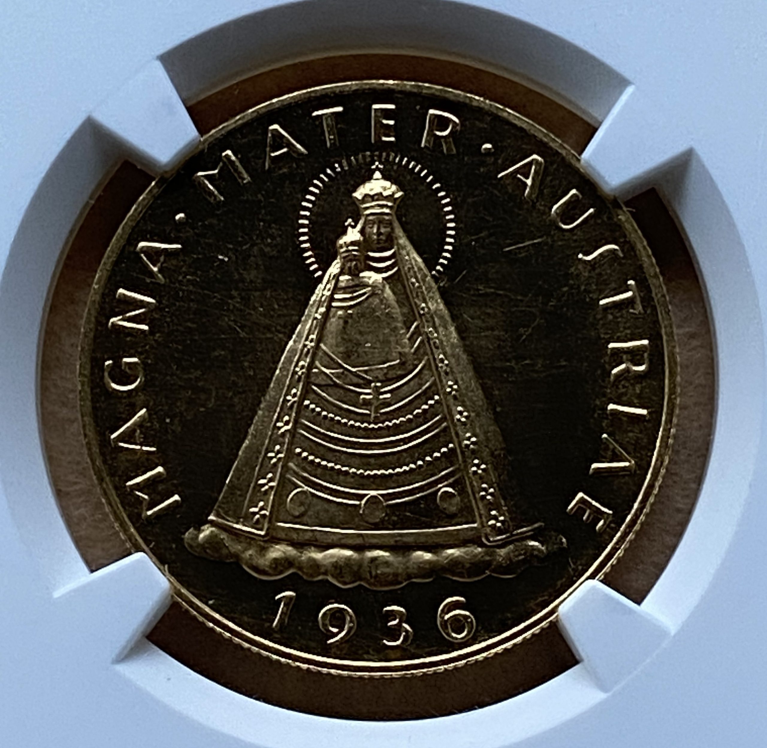 1936年 オーストリア 100シリング金貨 マリアツェルの聖母 NGC PL64 稀少歴史金貨! - 画像 (3)