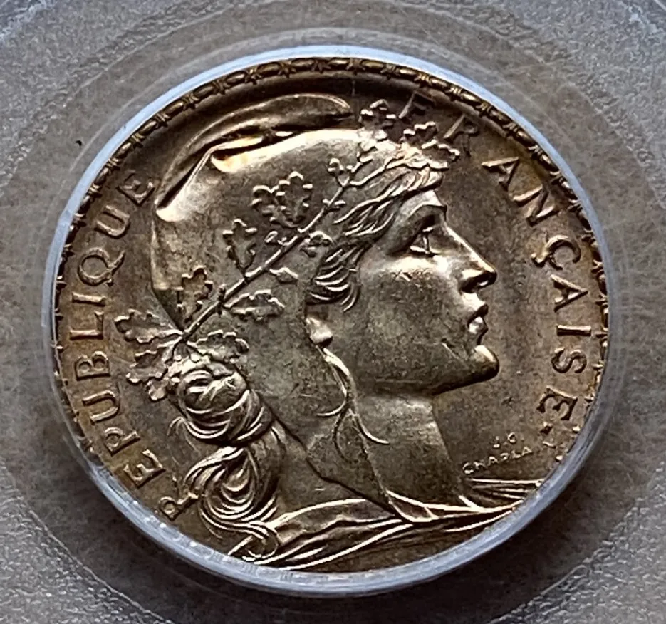 1912年 フランス 20フラン金貨 マリアンヌ&コック PCGS MS65 高鑑定 未使用! - 画像 (4)