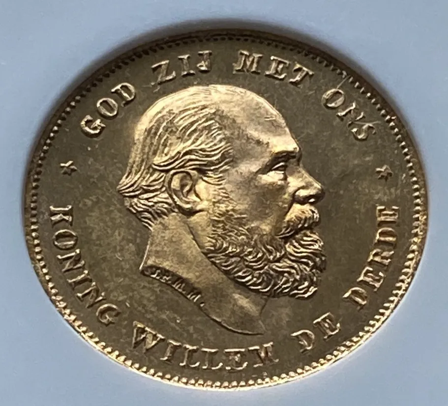 【フリマアプリ併売中(商品説明文一読下さい。)】1875年 オランダ ウィレム3世 10ギルダー金貨 NGC MS66 高鑑定 未使用高得点! - 画像 (4)