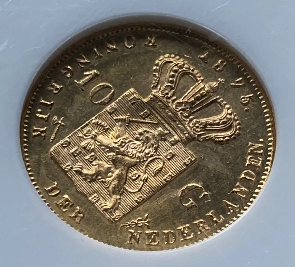 【フリマアプリ併売中(商品説明文一読下さい。)】1875年 オランダ ウィレム3世 10ギルダー金貨 NGC MS66 高鑑定 未使用高得点! - 画像 (6)