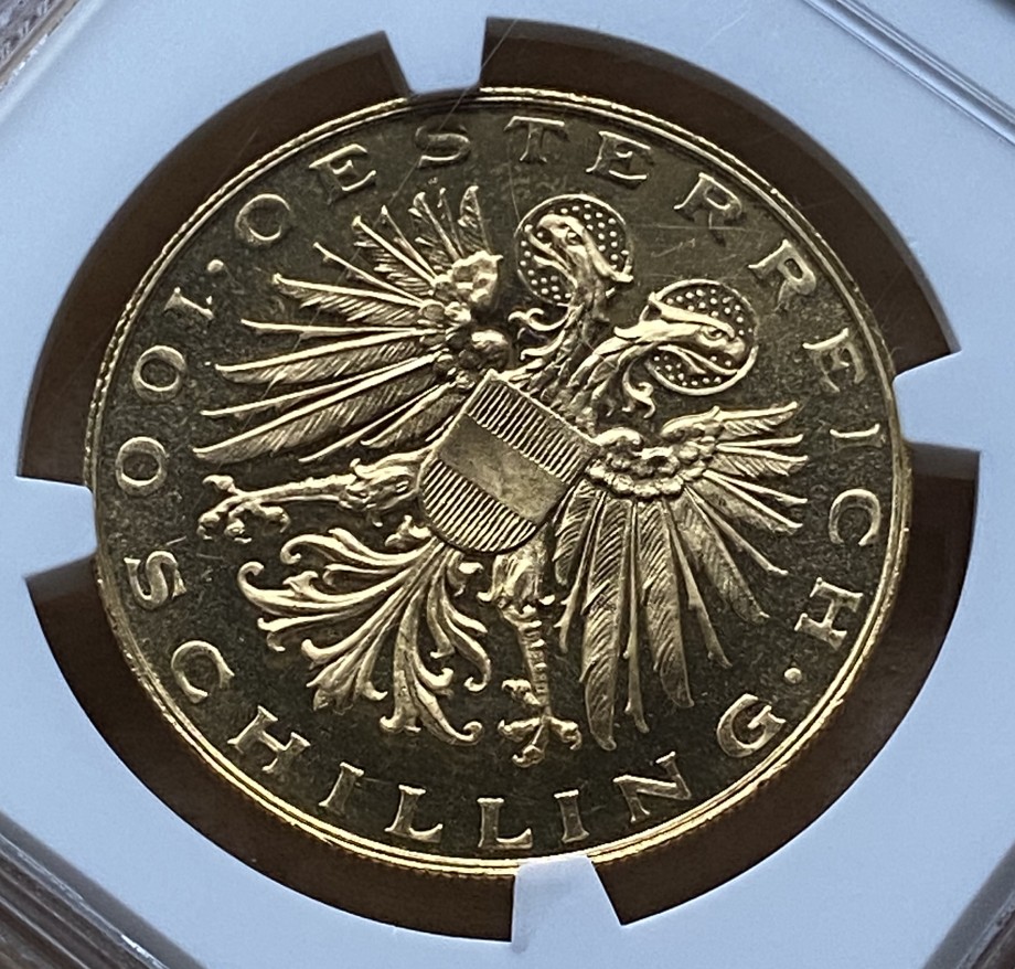 1936年 オーストリア 100シリング金貨 マリアツェルの聖母 NGC PL64 稀少歴史金貨! - 画像 (6)