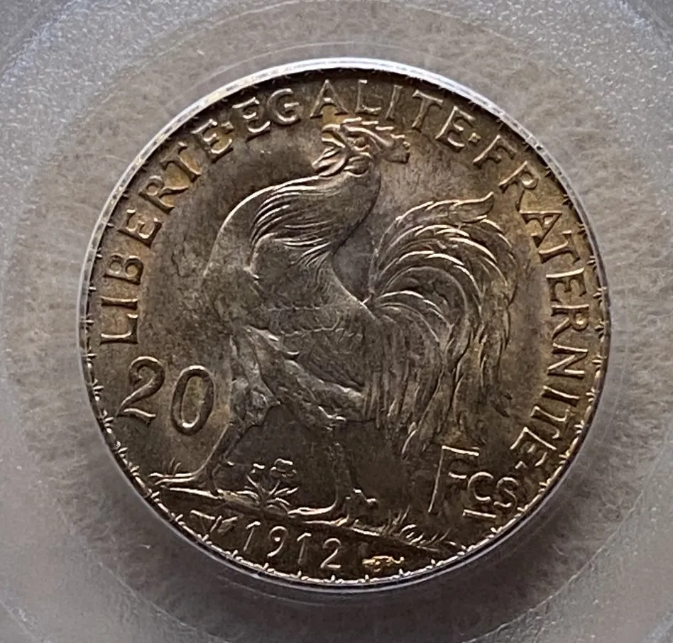 1912年 フランス 20フラン金貨 マリアンヌ&コック PCGS MS65 高鑑定 未使用! - 画像 (7)