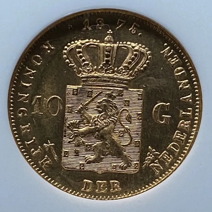 【フリマアプリ併売中(商品説明文一読下さい。)】1875年 オランダ ウィレム3世 10ギルダー金貨 NGC MS66 高鑑定 未使用高得点! - 画像 (7)
