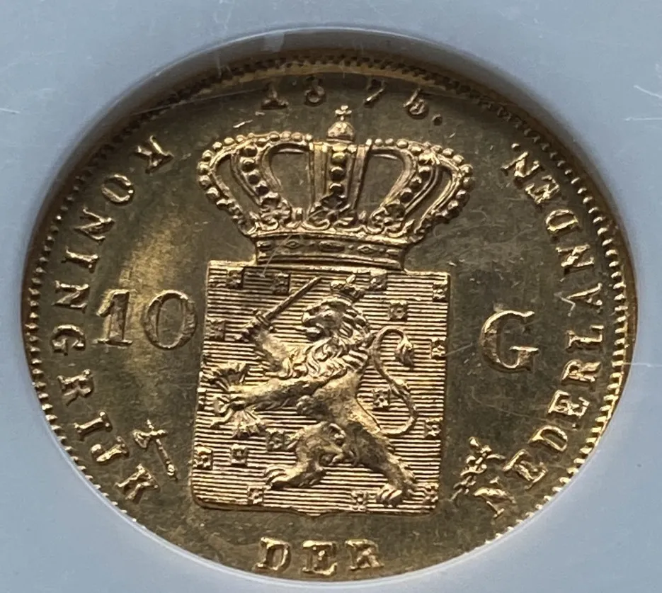 【フリマアプリ併売中(商品説明文一読下さい。)】1875年 オランダ ウィレム3世 10ギルダー金貨 NGC MS66 高鑑定 未使用高得点! - 画像 (8)