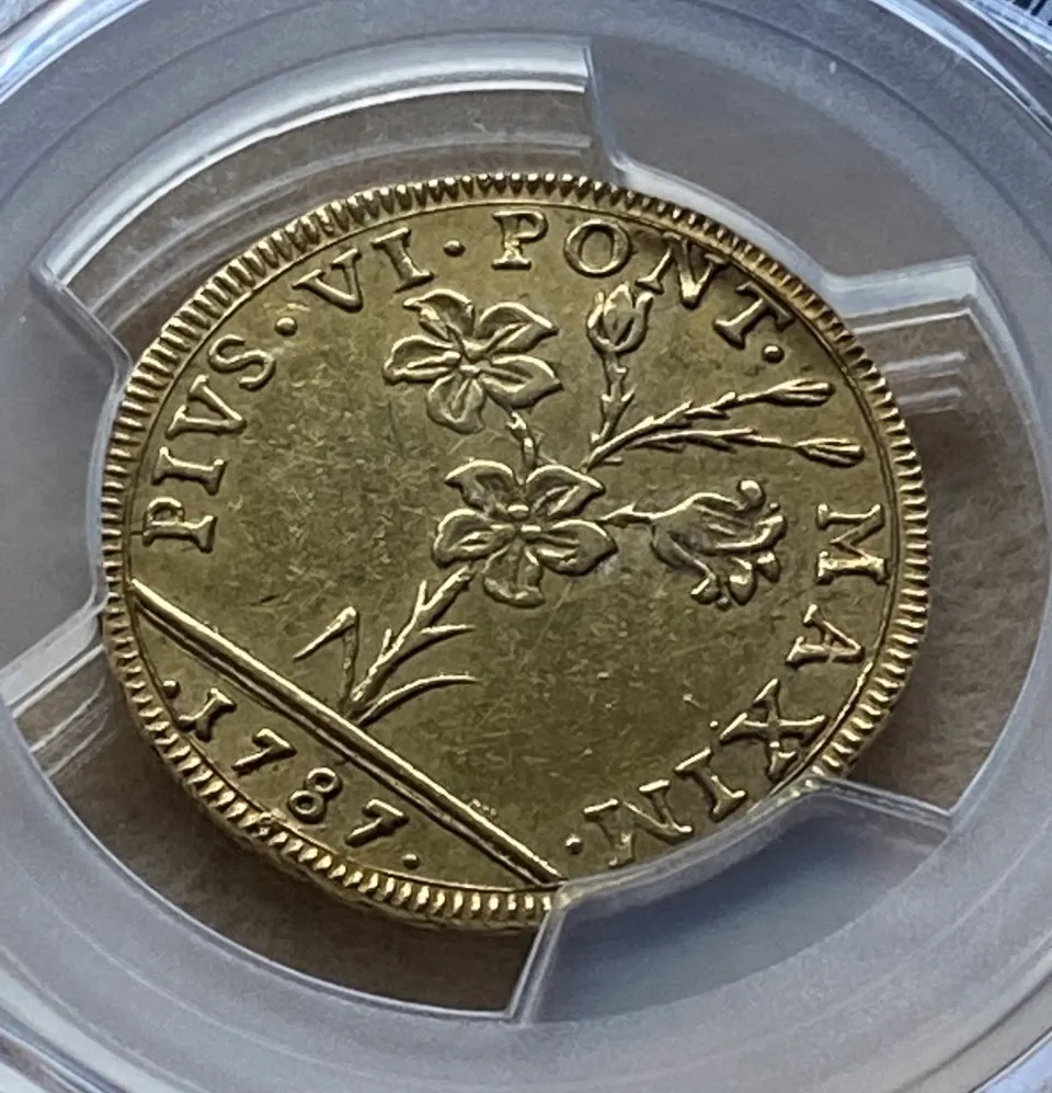 1787年 イタリア 教皇領ボローニャ 2ドッピア金貨 教皇ピウス6世 AU53 PCGS唯一鑑定品 稀少!