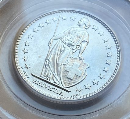 【フリマアプリ併売中(商品説明文一読下さい。)】1965年 スイス 2フラン銀貨 ヘルベティア立像 ベルン造幣局 PCGS MS66 高鑑定品!