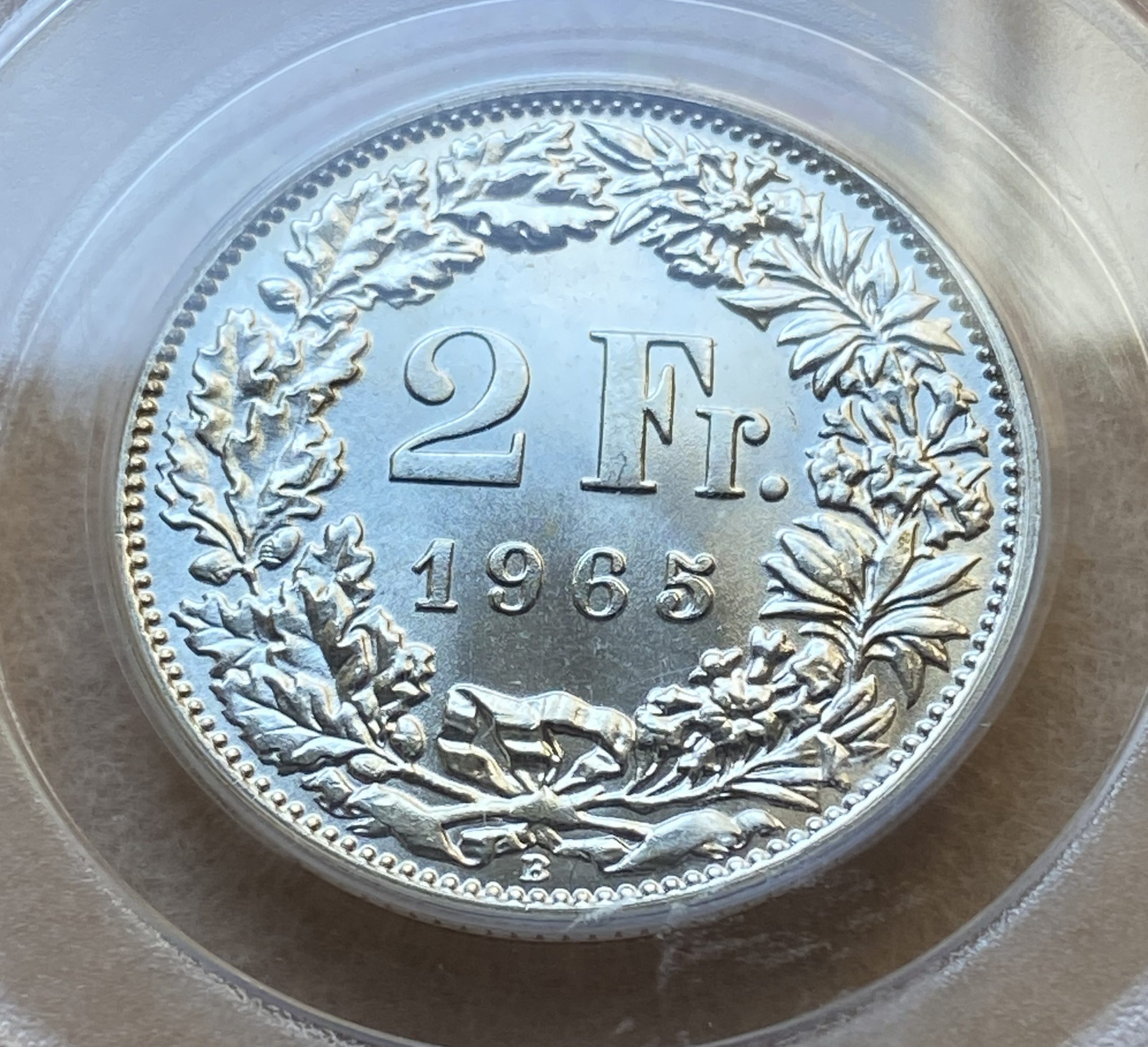 【フリマアプリ併売中(商品説明文一読下さい。)】1965年 スイス 2フラン銀貨 ヘルベティア立像 ベルン造幣局 PCGS MS66 高鑑定品! - 画像 (9)