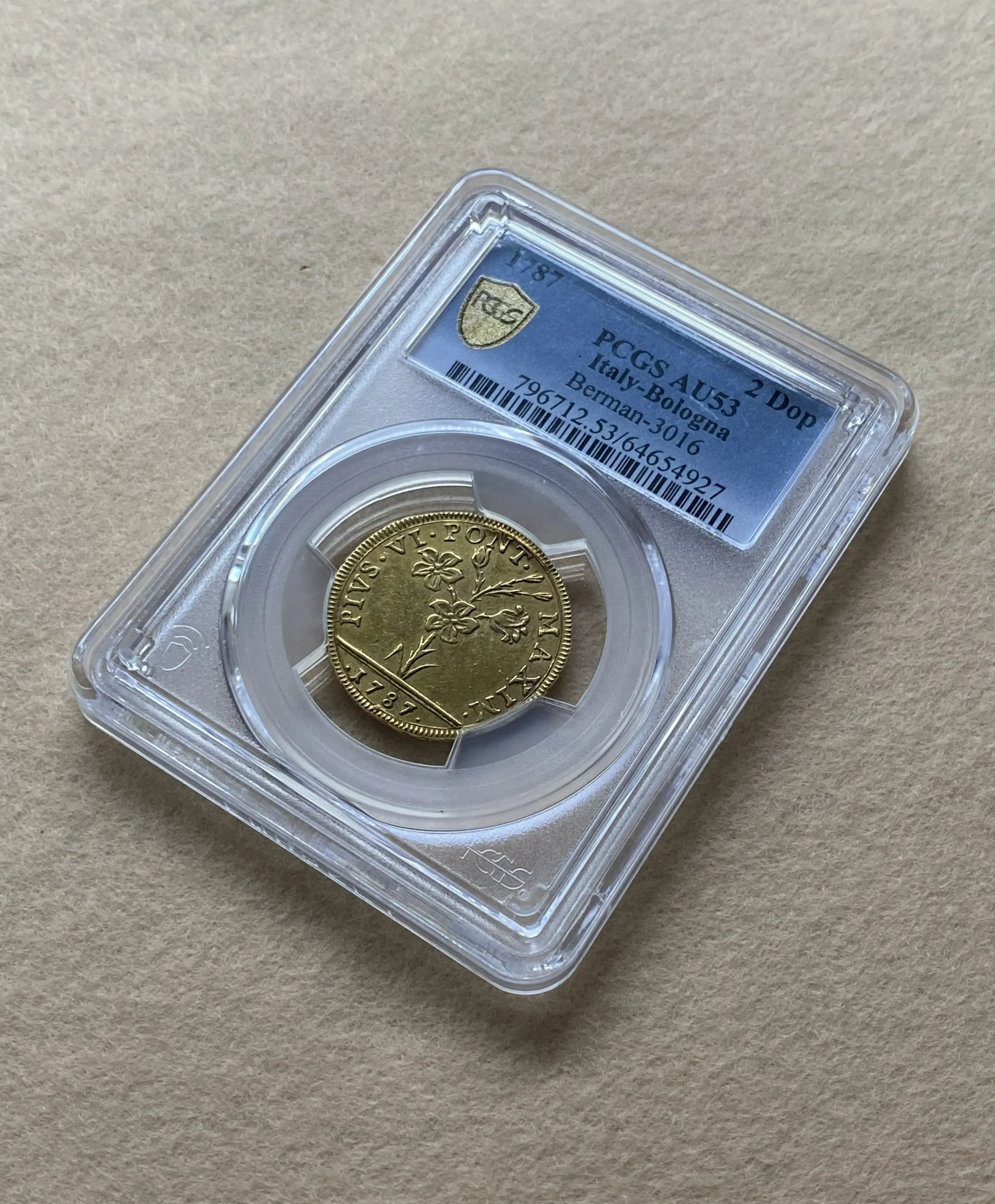 1787年 イタリア 教皇領ボローニャ 2ドッピア金貨 教皇ピウス6世 AU53 PCGS唯一鑑定品 稀少! - 画像 (2)