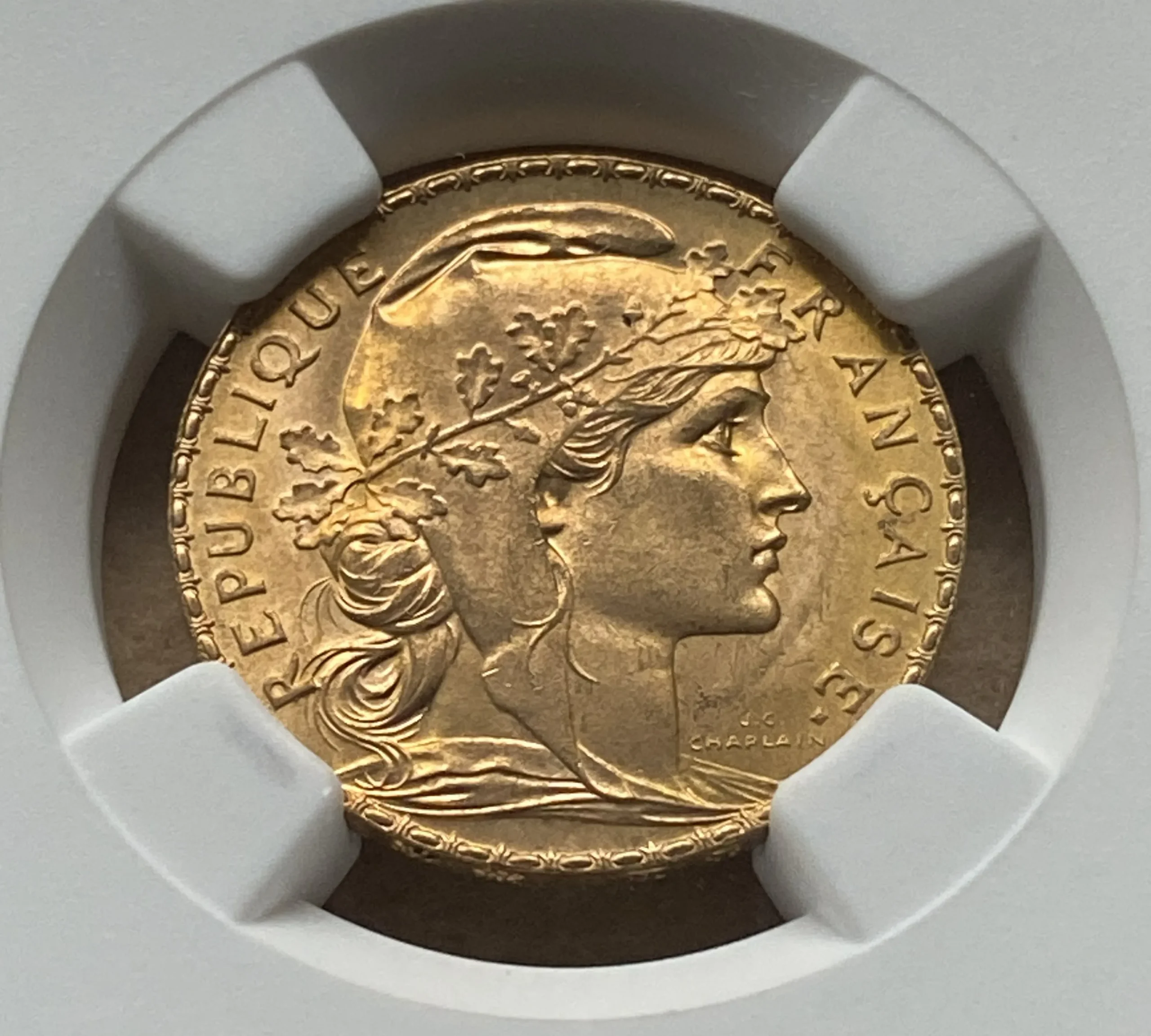 【フリマアプリ併売中(商品説明文一読下さい。)】1914年 フランス 20フラン金貨 マリアンヌ&コック パリ造幣局 NGC MS64 高鑑定! - 画像 (4)