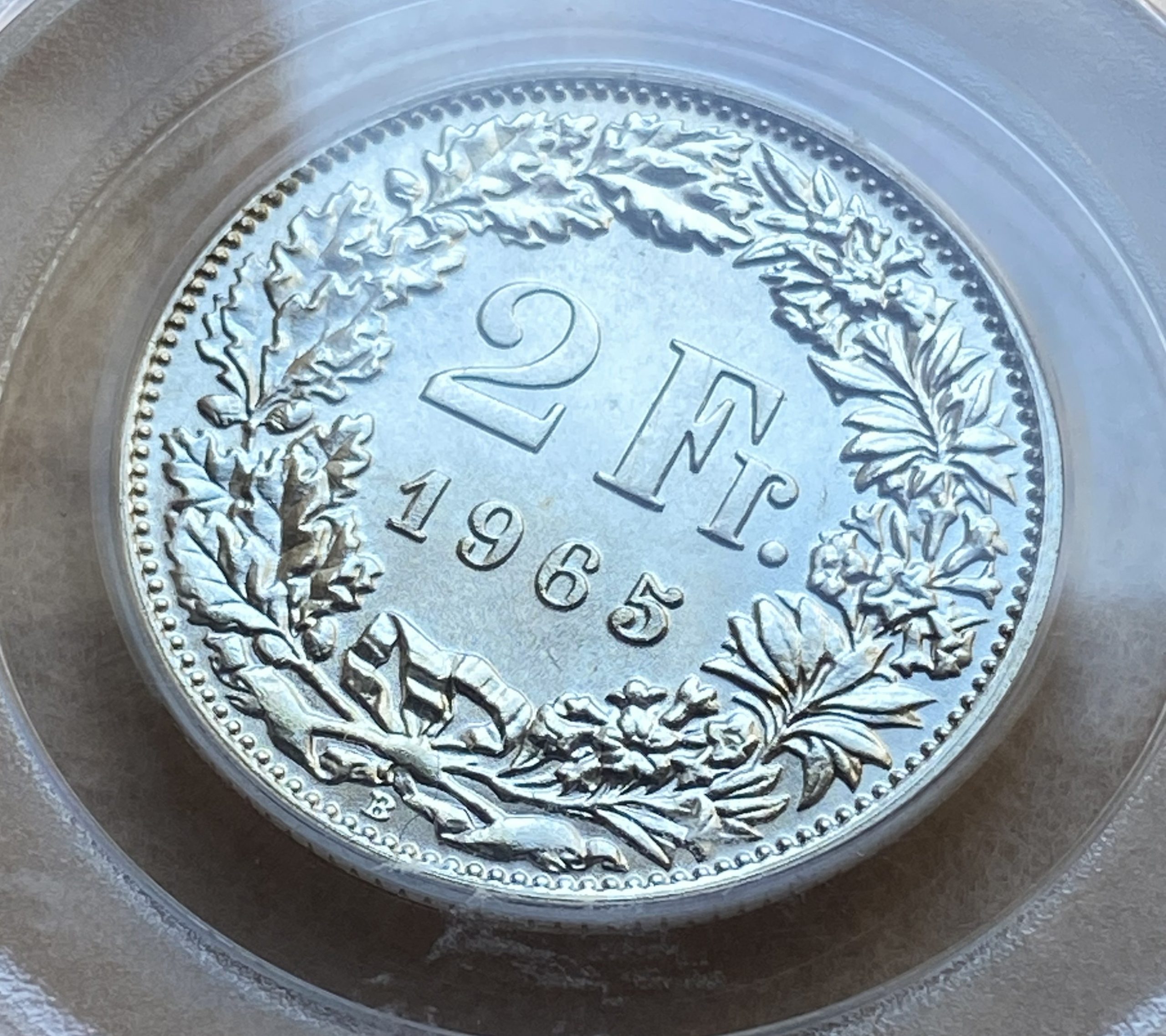 【フリマアプリ併売中(商品説明文一読下さい。)】1965年 スイス 2フラン銀貨 ヘルベティア立像 ベルン造幣局 PCGS MS66 高鑑定品! - 画像 (6)