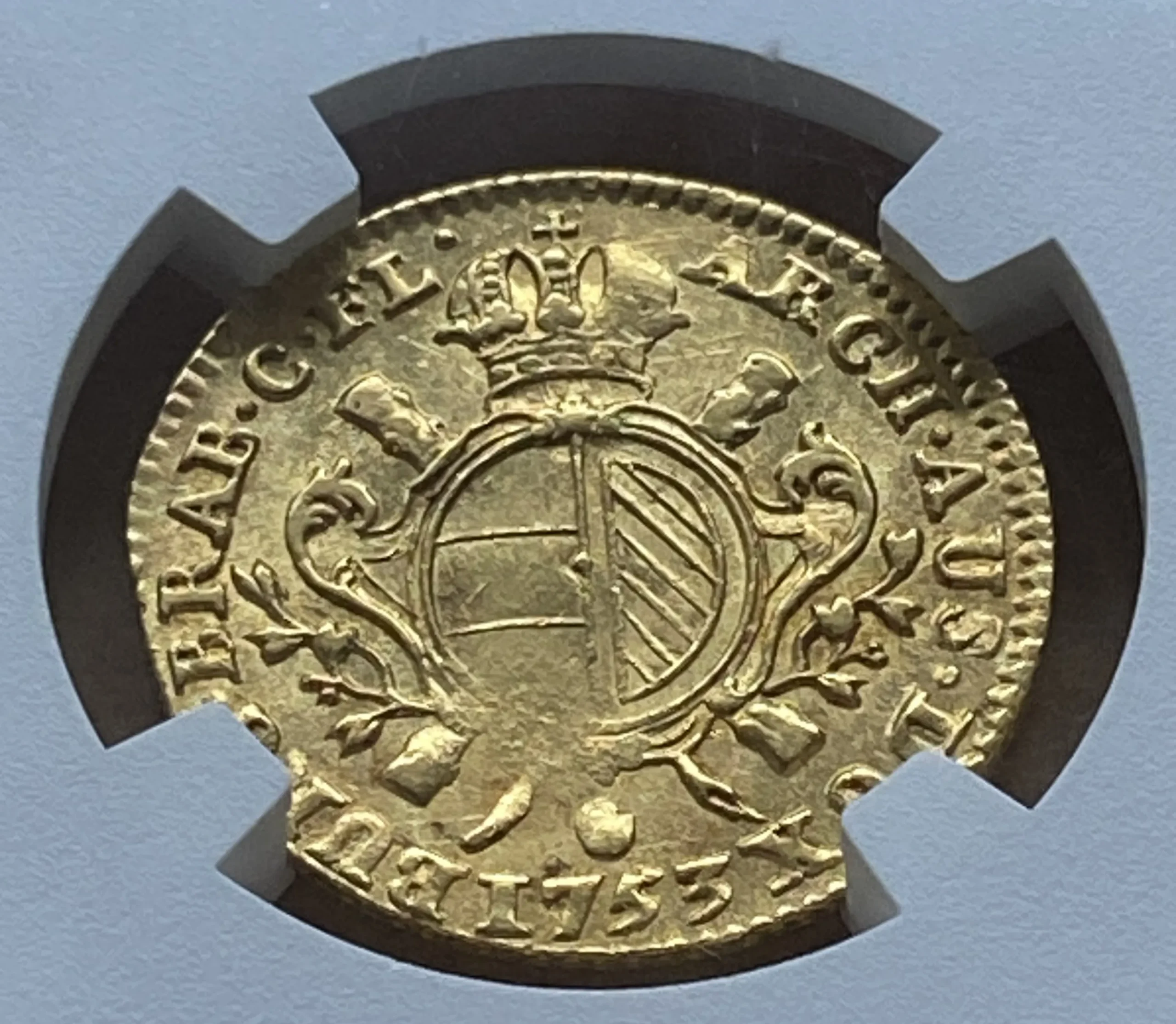 1753年 オーストリア領ネーデルラント マリア・テレジア 1/2ソブラン・ドール金貨 NGC AU58 準最高鑑定品! - 画像 (7)